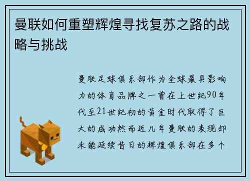 曼联如何重塑辉煌寻找复苏之路的战略与挑战